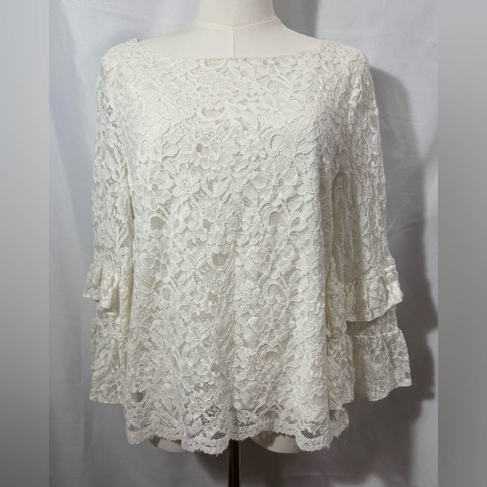 Liz Claiborne Cream Lace Blouse with Ruffled Sleeves size large